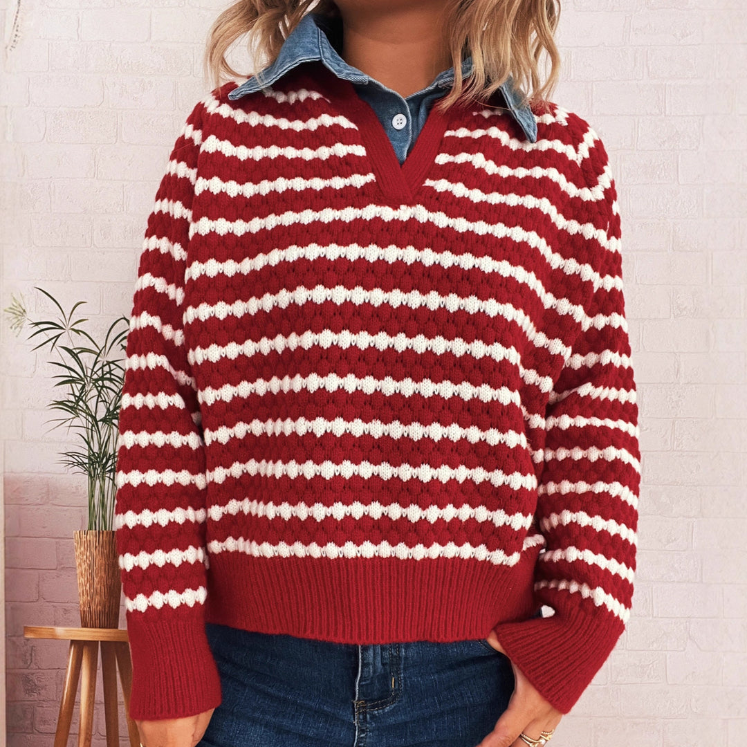 Damen Strickpullover mit tiefem V-Ausschnitt und markantem Streifenmuster EB