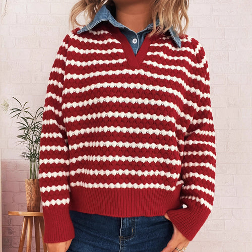Damen Strickpullover mit tiefem V-Ausschnitt und markantem Streifenmuster EB