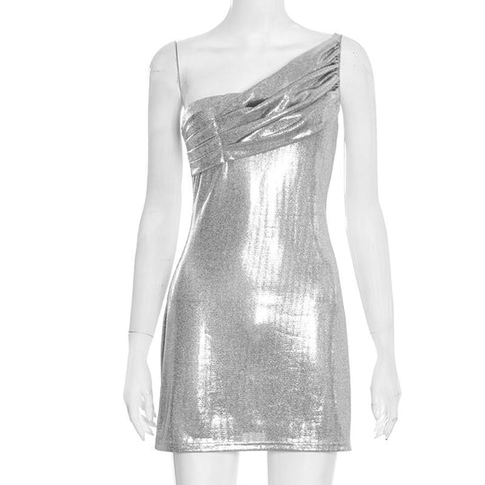 Damen schimmerndes Mini-Etuikleid mit asymmetrischen Trägern und elegantem Drapierungsdetail EB