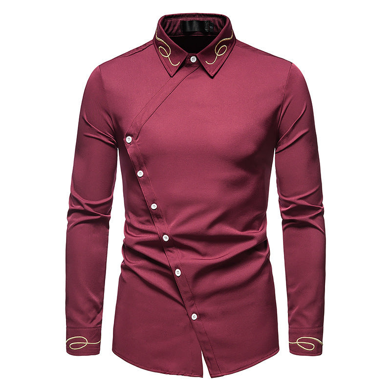 Herren Elegantes Langarmhemd mit asymmetrischem Knopfdesign und gesticktem Kragen EB