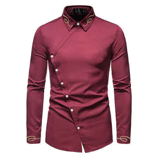 Herren Elegantes Langarmhemd mit asymmetrischem Knopfdesign und gesticktem Kragen EB