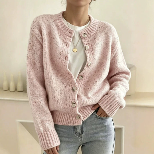 Damen Grobgestrickter Kurzcardigan mit Rundhalsausschnitt und meliertem Tweed-Effekt EB