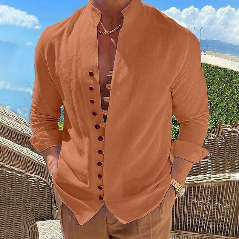 Herren nan Leinenoptik Sommerliches Freizeithemd mit Stehkragen, dekorativer Knopfleiste und krempelbaren Ärmeln EB