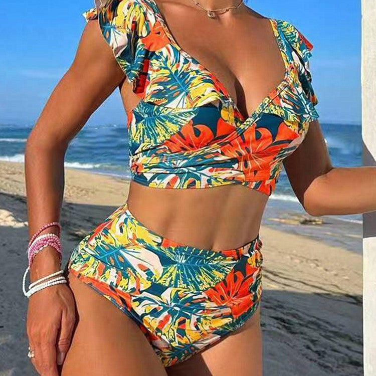 Damen Hoch-tailliertes Badebikini mit verspielten Rüschendetails EB