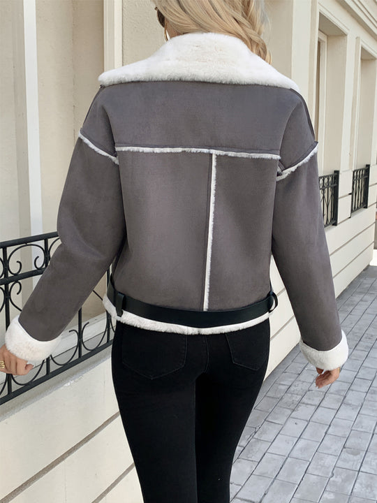 Damen modische jacke mit Kunstfellkragen und Gürtel EB