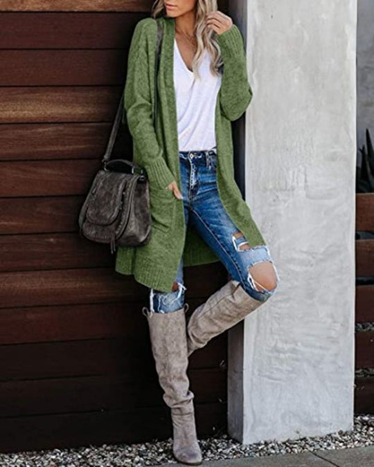 Damen Langer Strickcardigan mit lässigen Taschen und modernem Design EB
