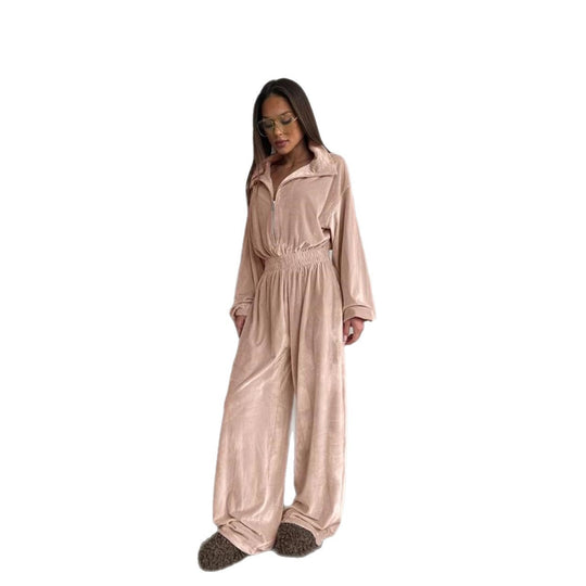 Damen Samt-Jumpsuit mit weitem Bein, elastischer Taillenpartie und Stehkragen EB