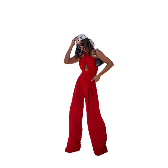 Damen Jumpsuit mit tiefem V-Ausschnitt und weiten Beinen EB