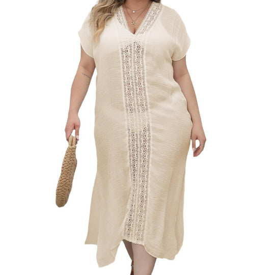 Damen eleganter Maxi-Kaftan mit großzügigem V-Ausschnitt und filigranen Häkelakzenten EB