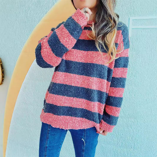 Damen gemütlicher Streifenpullover aus weichem Material mit weitem Schnitt EB
