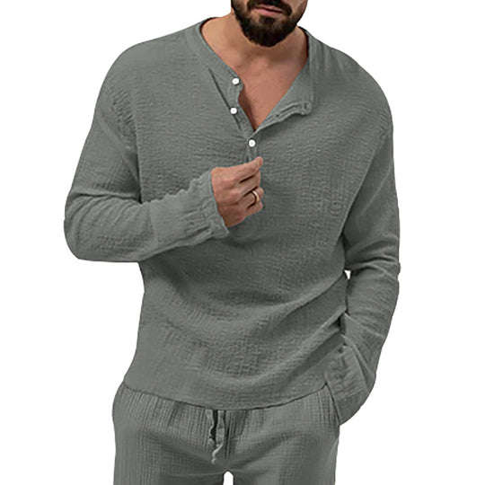 Herren nan entspanntes Henley-Set aus leichter Baumwoll-Gauze mit Kordelbundhose EB