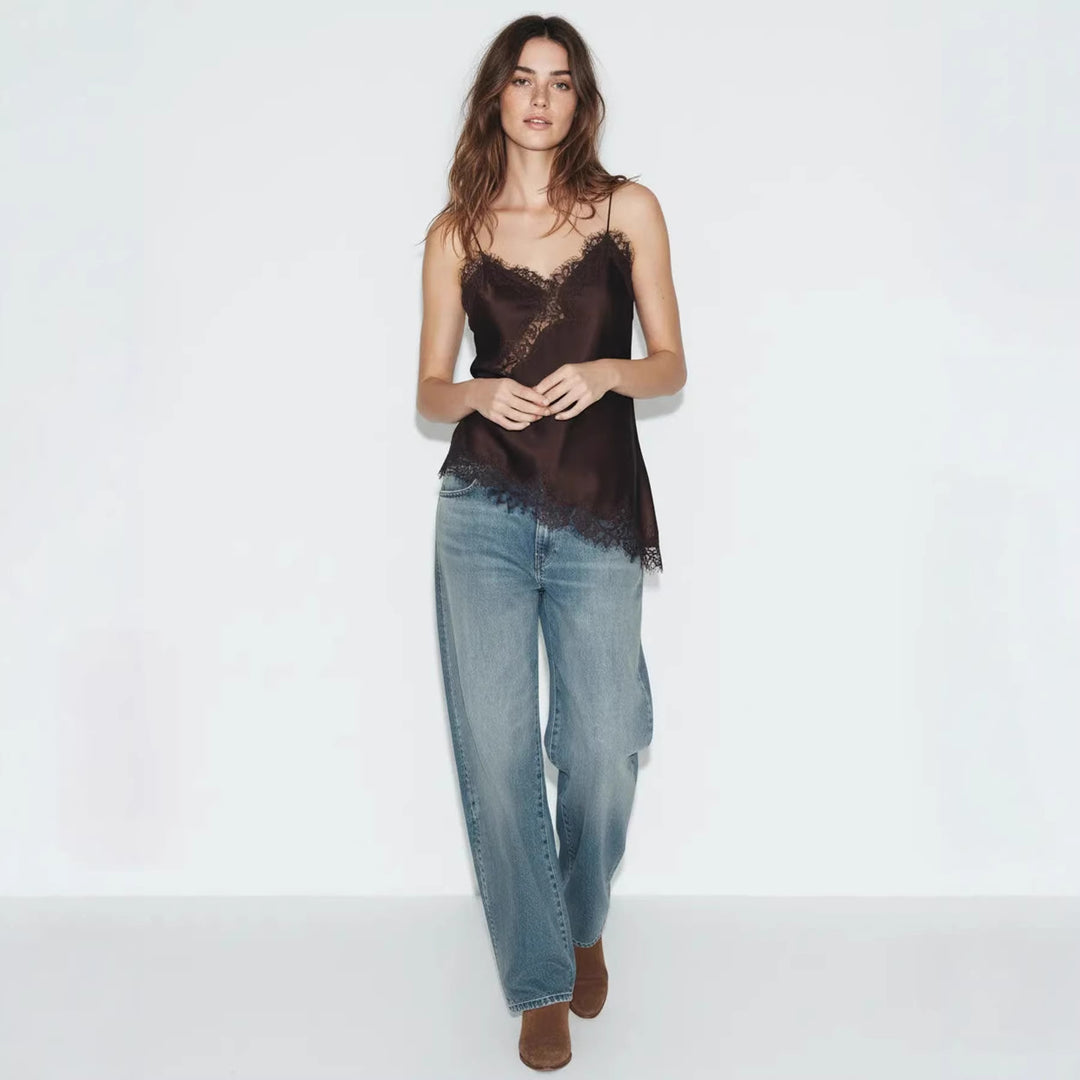 Damen Satin Top mit eleganter Spitze und Spaghettiträger EB