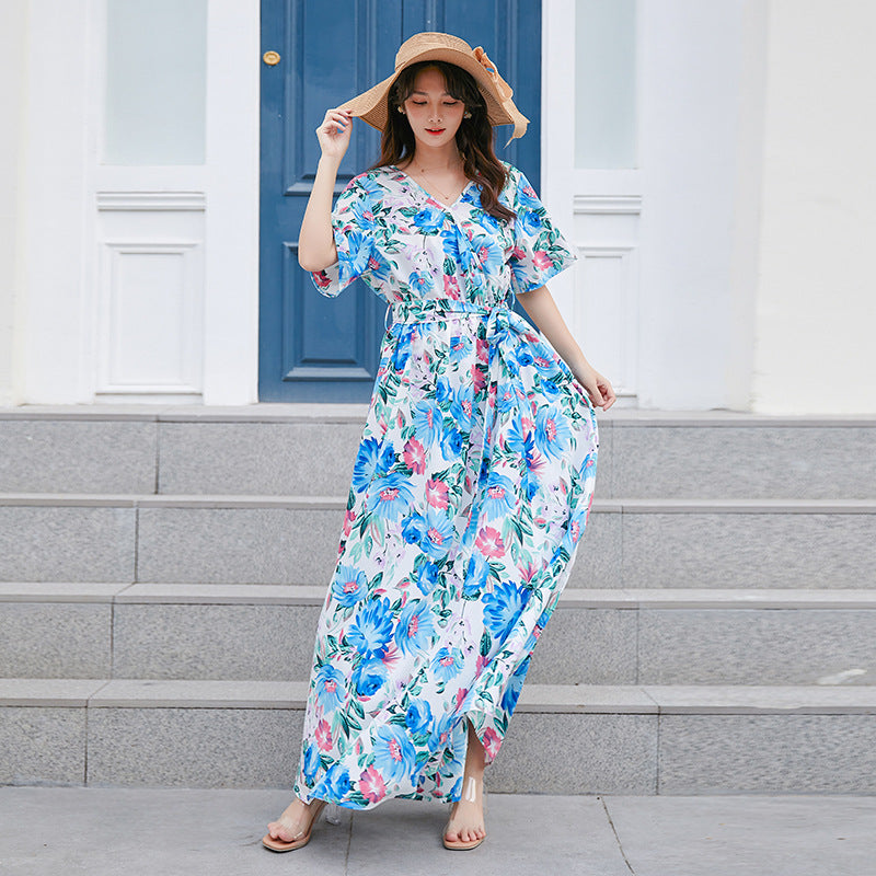 Damen Maxikleid mit eleganter Taille und floralen Akzenten EB