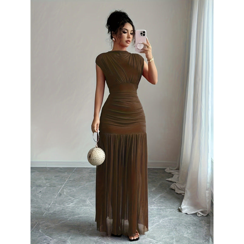 Damen Elegantes Maxikleid mit raffiniertem Drapée und transparentem Rock EB