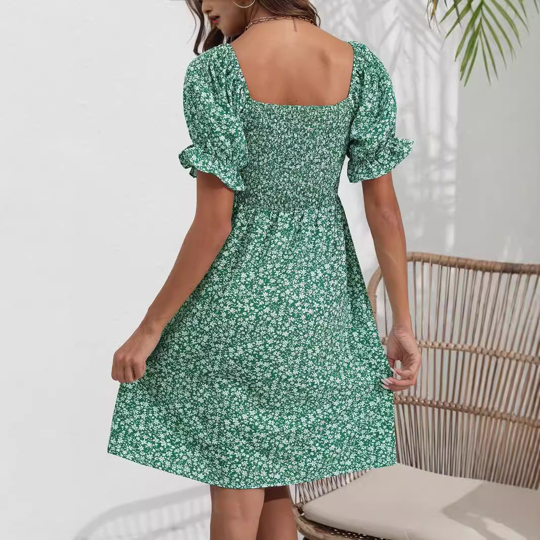 Damen Blumenkleid mit Puffärmeln und Gummizug EB