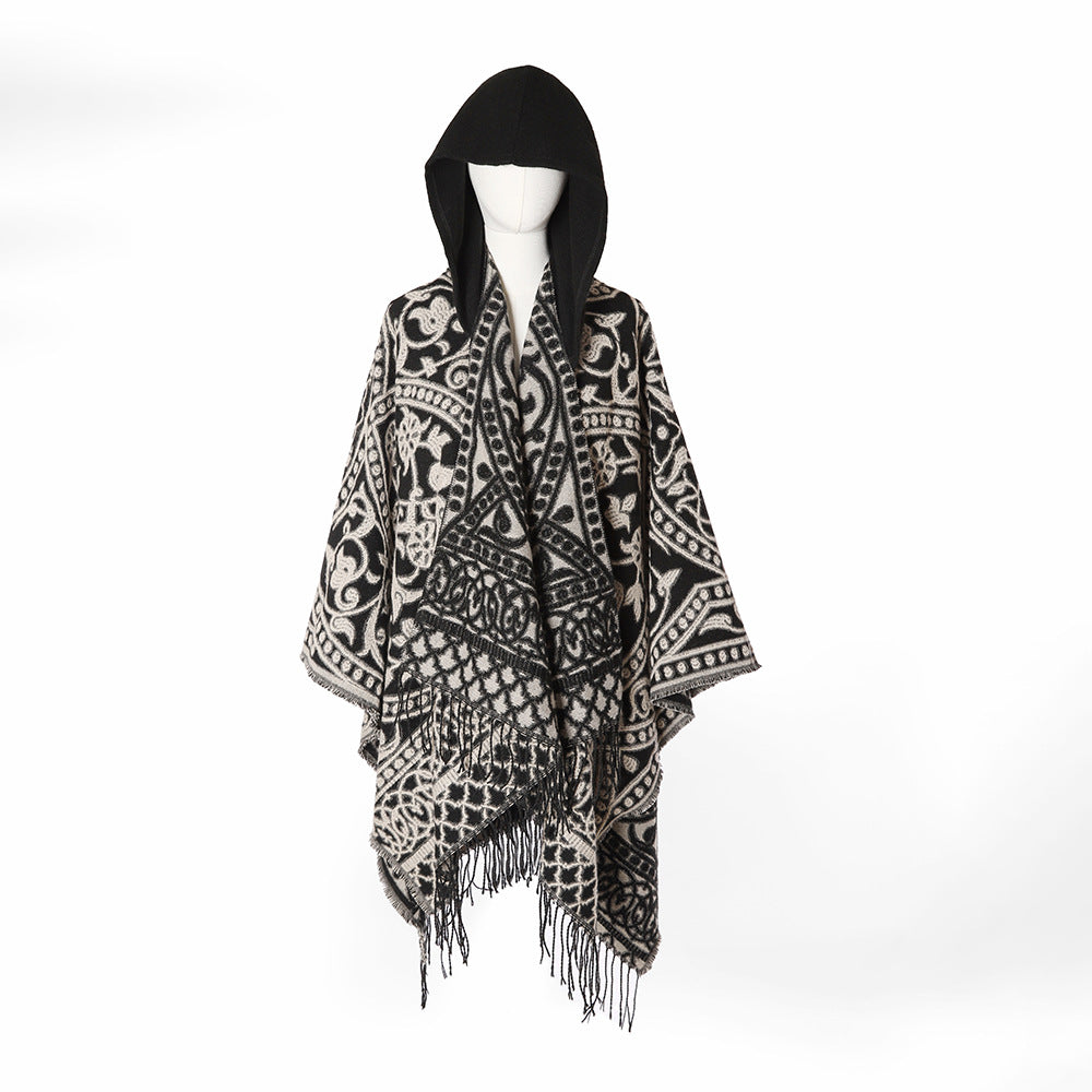 Damen Kapuzen-Ruana aus Wollmix mit Ornament-Jacquard und Fransen EB