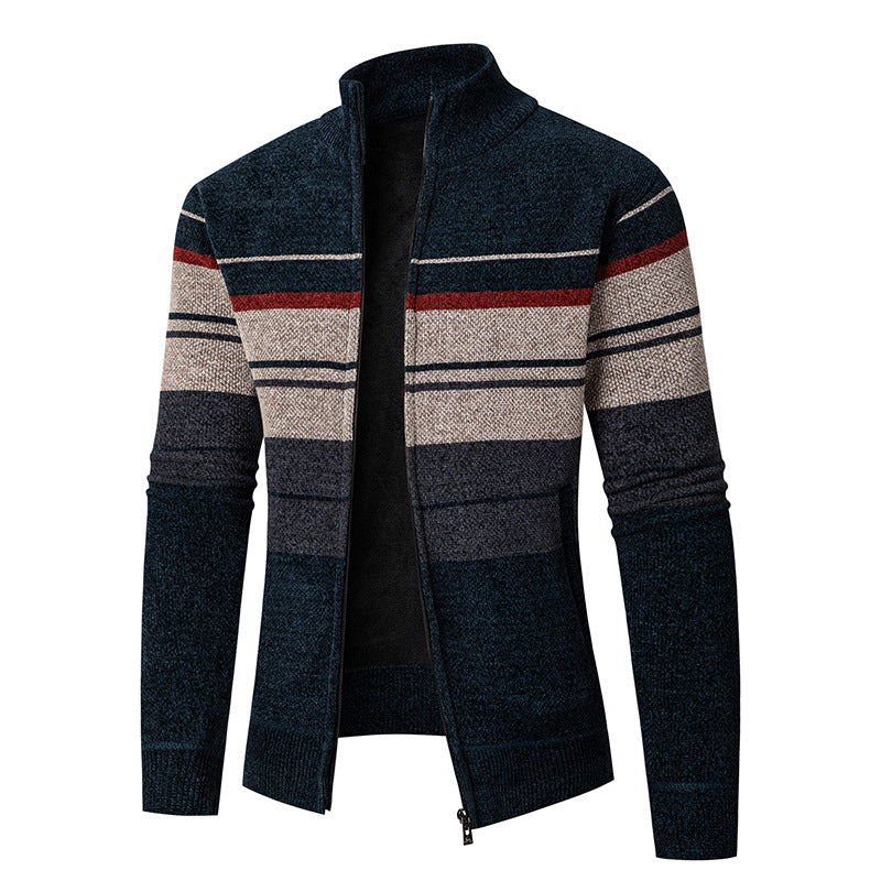 Herren modische Strickjacke mit kontrastierenden Streifen und hochabschließendem Kragen EB