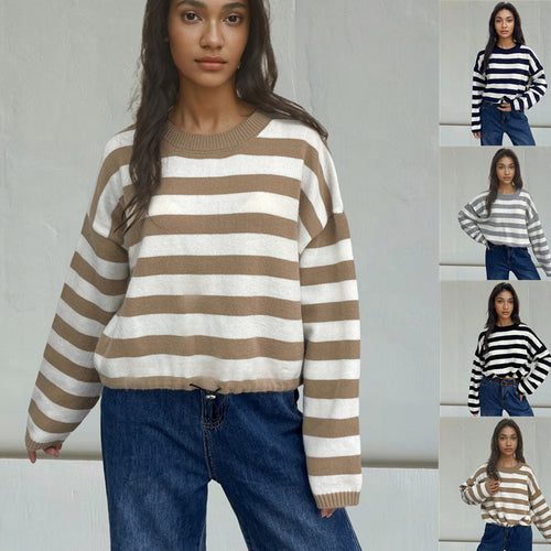 Damen lässiger Streifenpullover mit weitem Schnitt und Kordelzug EB