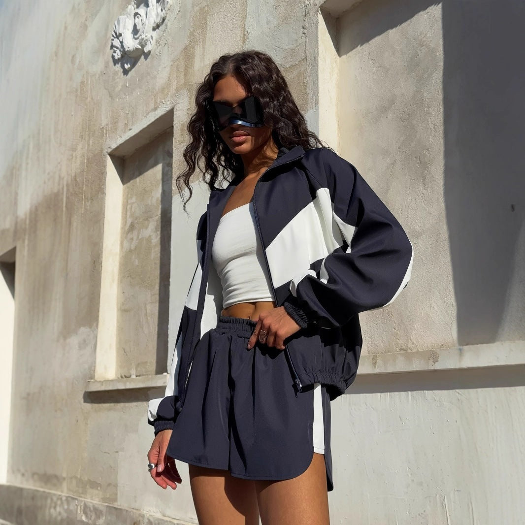 Damen nan lässiges Athleisure-Set mit windabweisender Kurzjacke, Stehkragen und elastischen Highwaist-Shorts EB