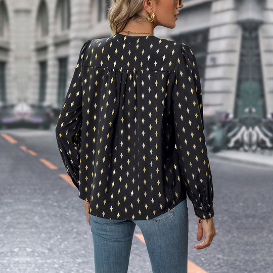 Damen elegante Bluse mit grafischem Muster und V-Ausschnitt EB