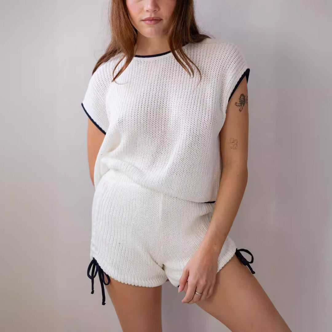 Damen Strickshorts-Set mit kontrastierenden Details und lockerem Schnitt EB