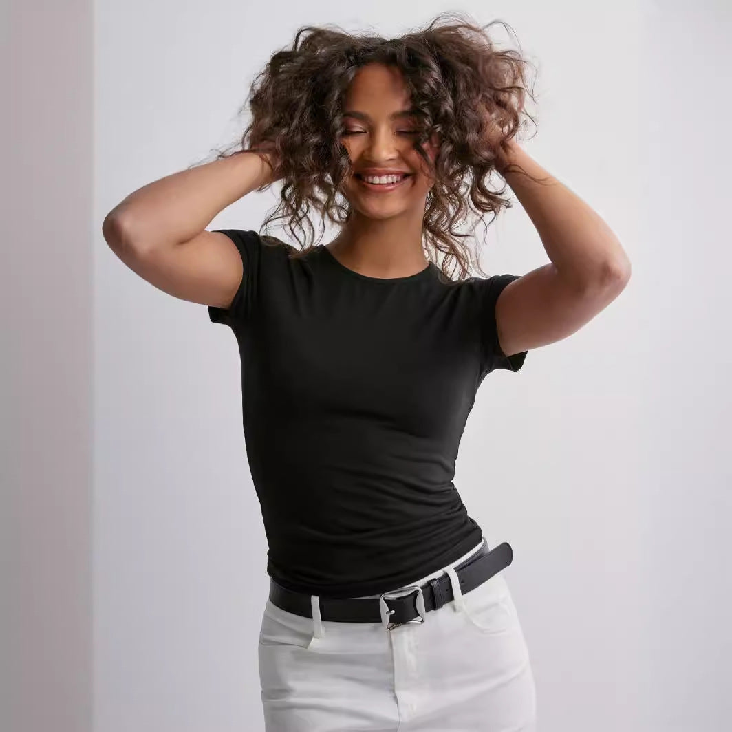 Damen Slim Fit T-Shirt aus hochwertigem Baumwollmix mit elastischem Stretch EB