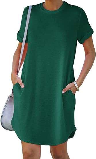 Damen lässiges Freizeitkleid mit Taschen und Rundhalsausschnitt EB