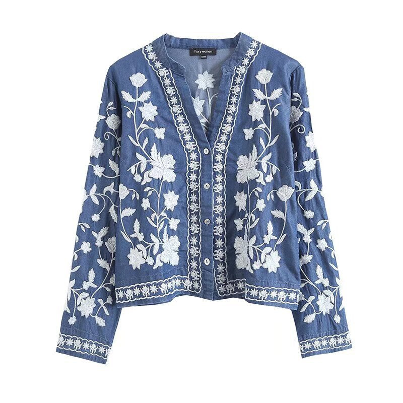 Damen gestickte Bluse mit feinen Rüschendetails EB