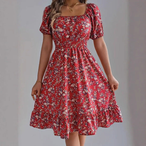 Damen sommerliches Blumenkleid mit Puffärmeln und Rüschensaum EB