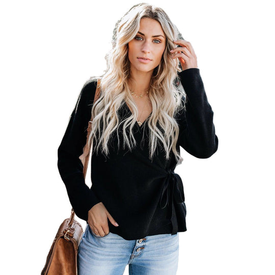 Damen Wickelpullover mit eleganter Schleife und V-Ausschnitt EB