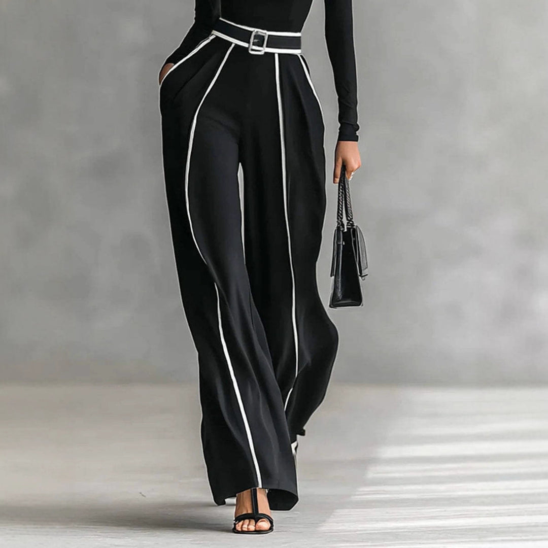 Damen nan elegantes Strickset mit tailliertem Rollkragenoberteil und weiter Plisseehose mit Taillengürtel EB