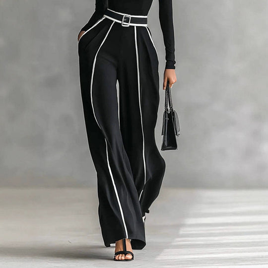 Damen nan elegantes Strickset mit tailliertem Rollkragenoberteil und weiter Plisseehose mit Taillengürtel EB