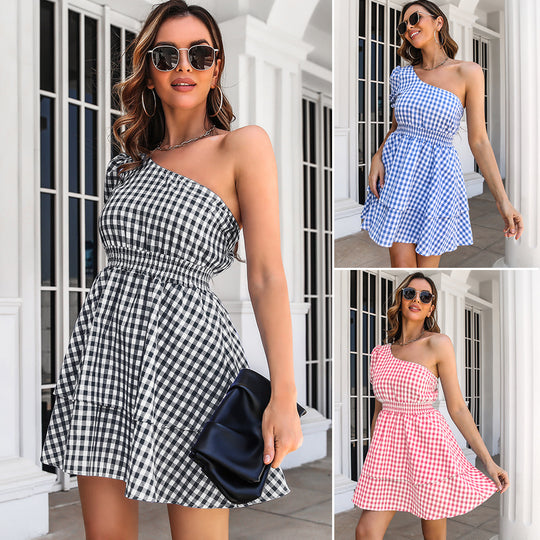 Damen Langarm-Kleid mit einseitigem Träger und lässigem Karomuster EB