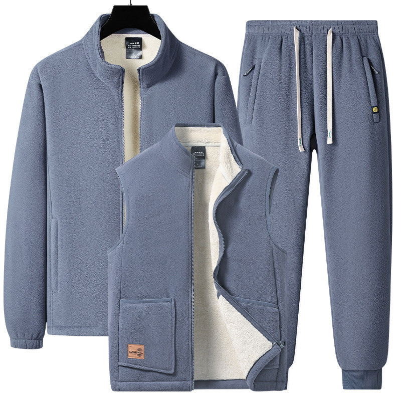 Herren dreiteiliges Fleece-Set mit wattierter Weste, Stehkragenjacke und Jogginghose EB