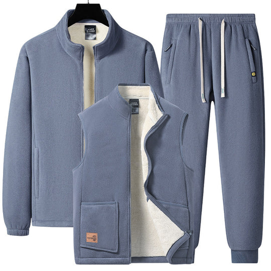 Herren dreiteiliges Fleece-Set mit wattierter Weste, Stehkragenjacke und Jogginghose EB