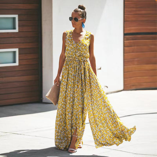 Damen Maxi-Kleid mit floralem Design und hohem Schlitz EB