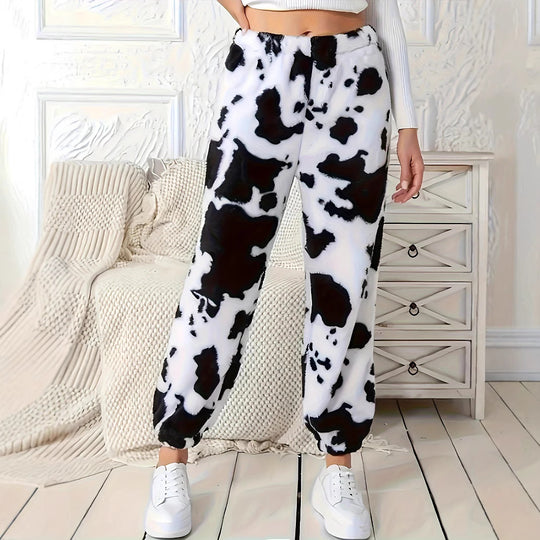 Damen Plüschhose mit modischem Kuhfleckenmuster und elastischem Bund EB