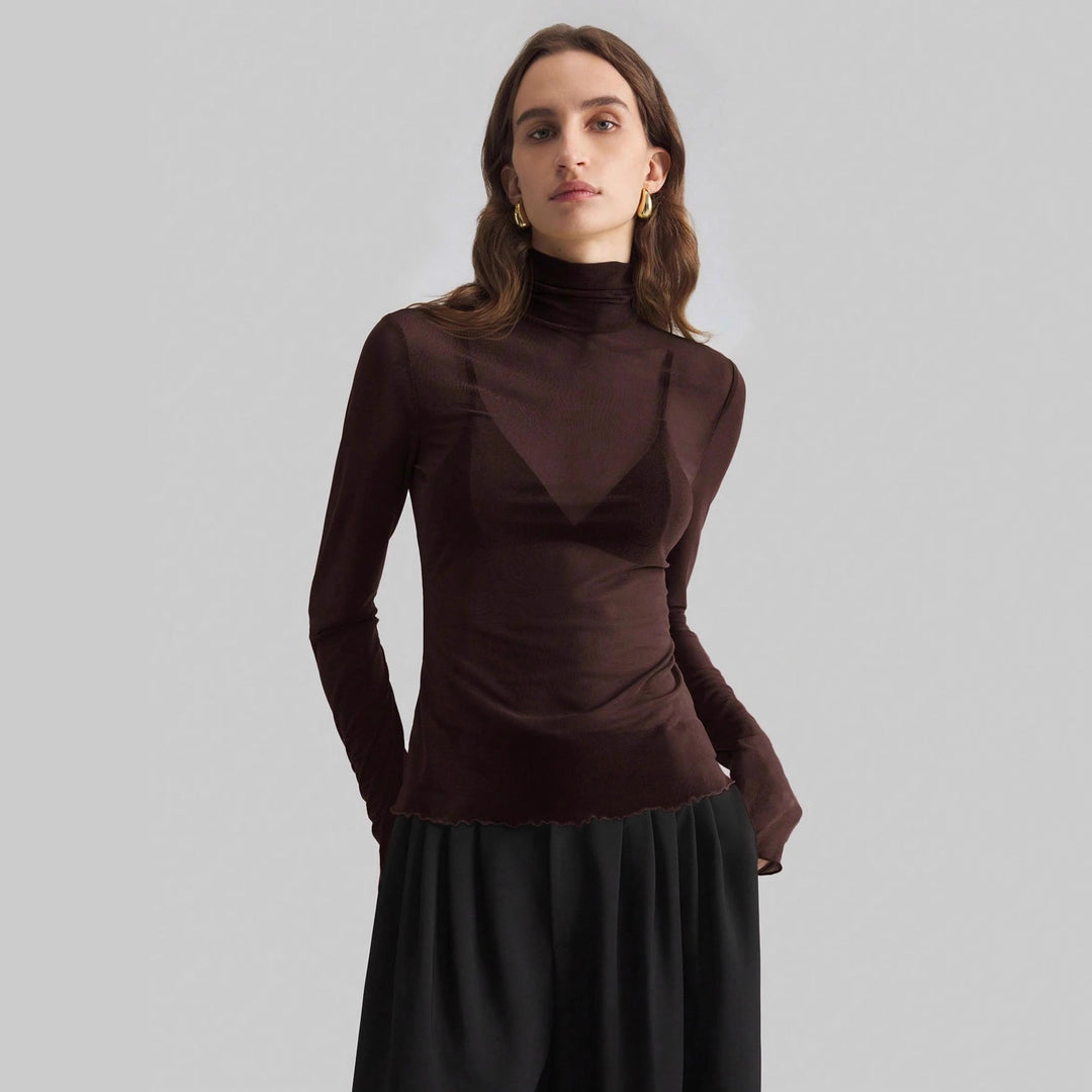 Damen nan feines transparentes Mesh-Langarmtop mit Rollkragen und figurbetonter Passform EB