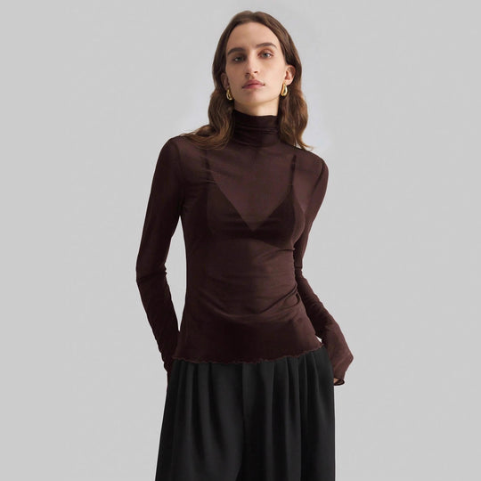Damen nan feines transparentes Mesh-Langarmtop mit Rollkragen und figurbetonter Passform EB