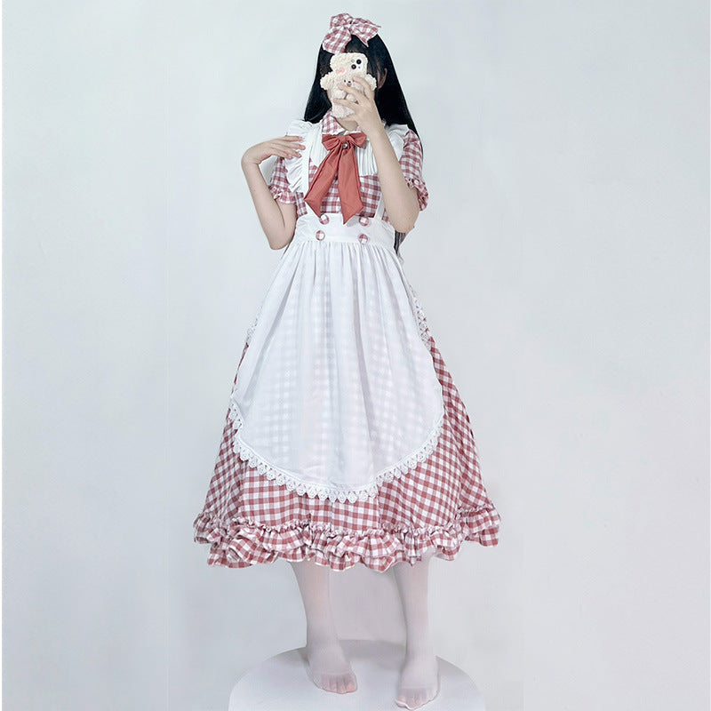 Damen nan vintage-inspiriertes Lolita-Kleid mit Karomuster Volants und abnehmbarer Schürze EB