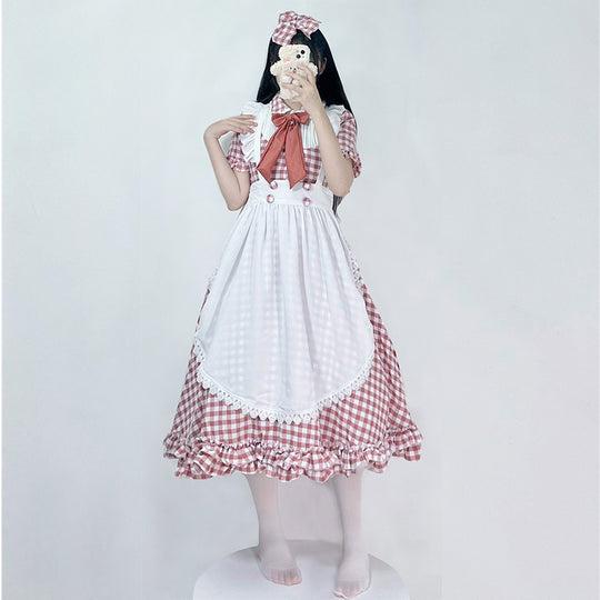 Damen nan vintage-inspiriertes Lolita-Kleid mit Karomuster Volants und abnehmbarer Schürze EB