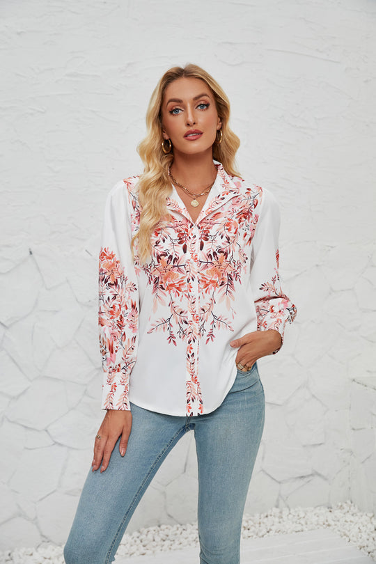 Damen Bluse mit floralen Akzenten und elegantem Knopfleisten-Design EB