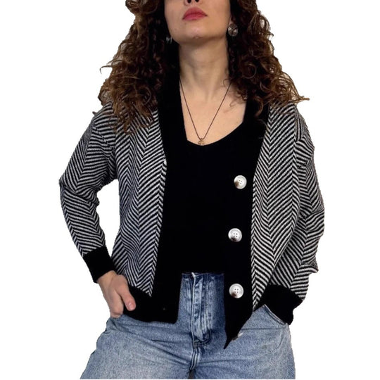 Damen Modischer Cardigan mit Chevron-Muster und Knöpfen EB