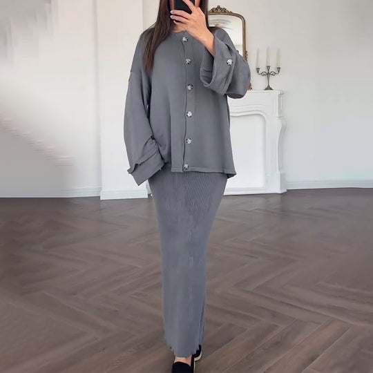 Damen Strickanzug mit elegantem Blazer und ärmellosem Maxikleid EB