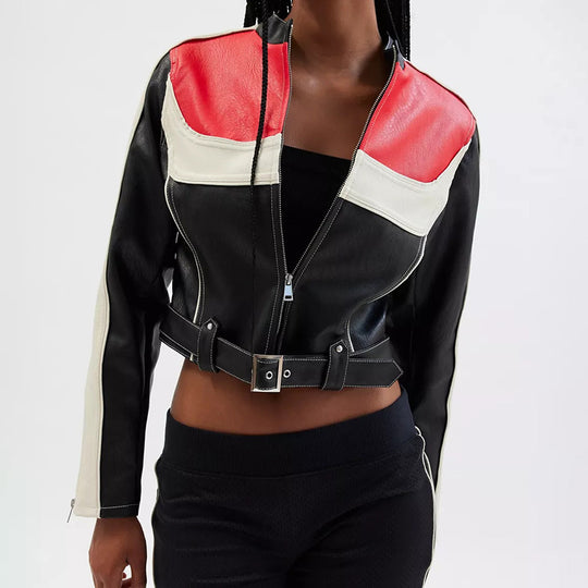 Damen kunstlederne Bikerjacke mit dezenten Kontraststreifen EB