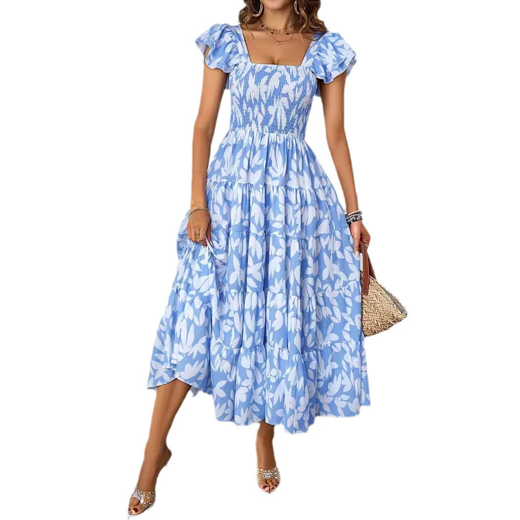 Damen Maxikleid mit voluminösen Rüschendetails und schwingendem Rock EB
