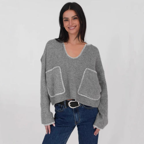 Damen lässiger Pullover mit strukturiertem Design und praktischen großen Taschen EB