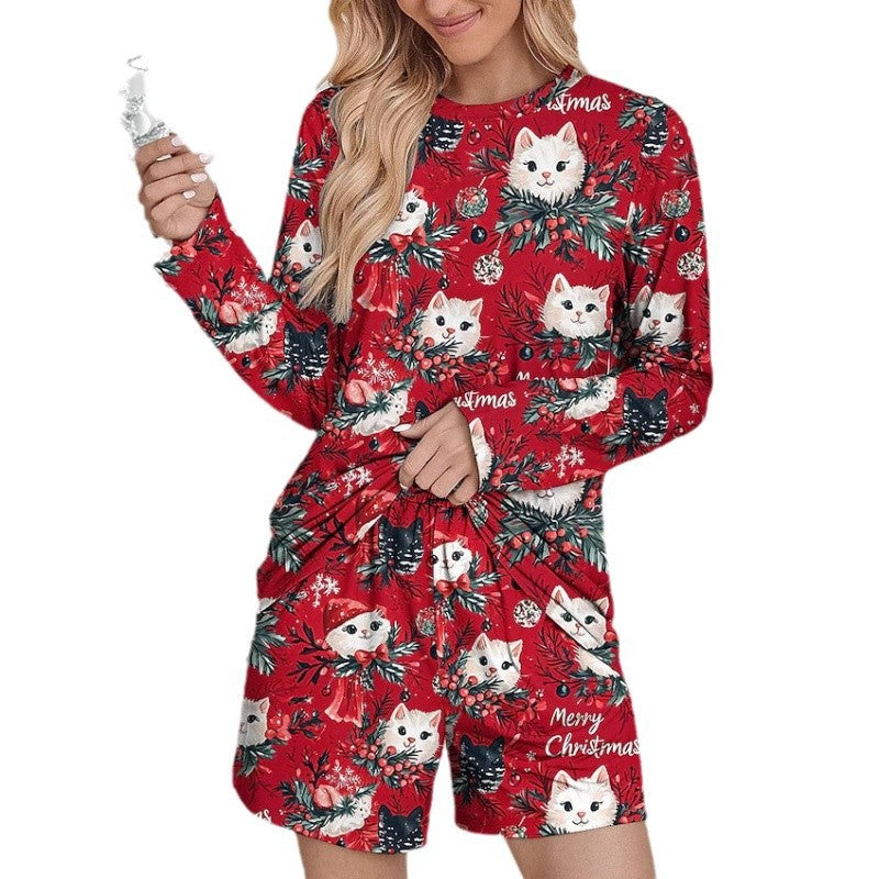 Damen Lustiges Weihnachts-Pyjama-Set mit Katzenmotiv EB