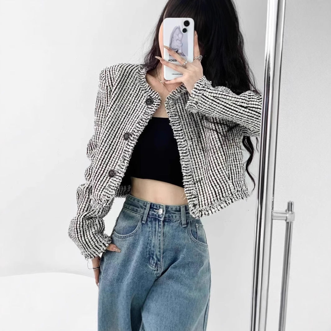 Damen trendige Bouclé-Jacke mit dekorativen Knöpfen und lässigem Schnitt EB