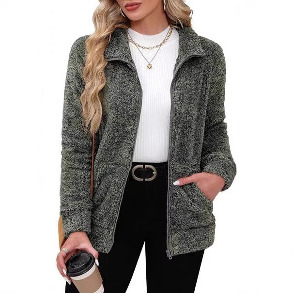 Damen nan kuschelige Teddy-Fleecejacke mit durchgehendem Reißverschluss, Stehkragen und seitlichen Eingrifftaschen EB
